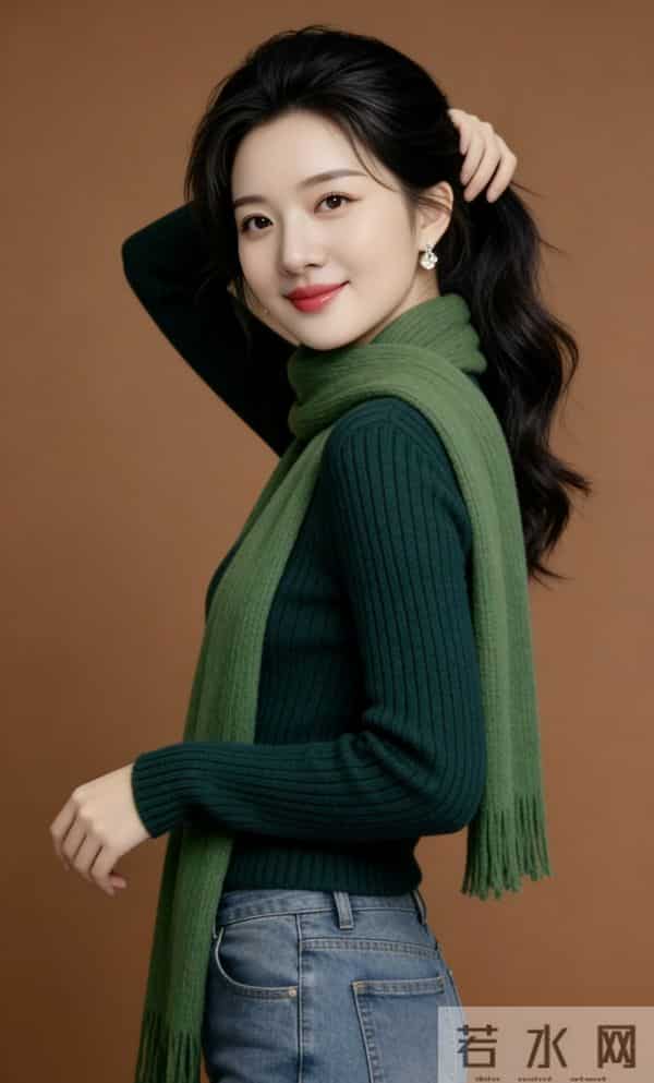 绿色长围巾与牛仔裤
