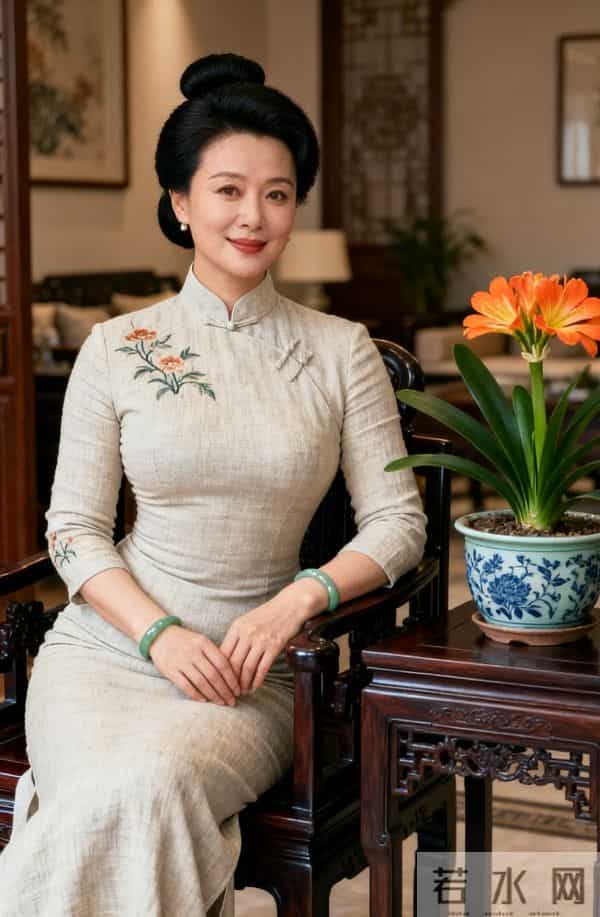 穿白旗袍的中年美女与君子兰