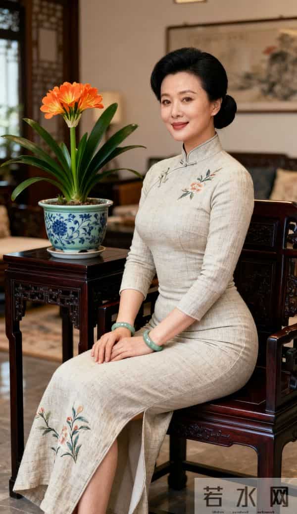 穿白旗袍的中年美女与君子兰