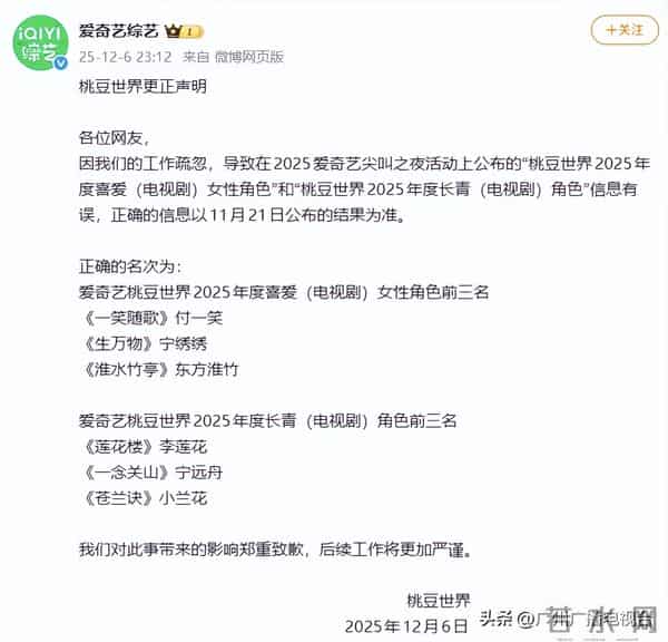 颁奖闹出“大乌龙”,爱奇艺致歉