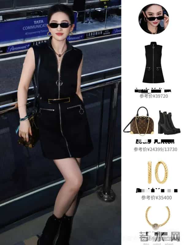 刘亦菲现身阿布扎F1赛车现场，穿一身名牌，妆容精致，颈纹很明显