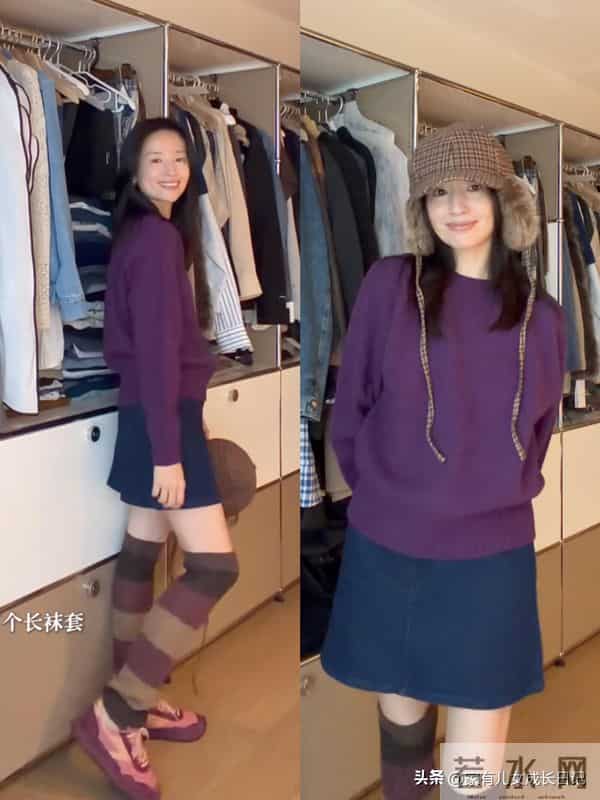 董洁秋冬穿搭，复古配饰时髦 可爱，围巾配毛绒帽 复古保暖两不误