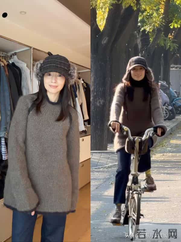 董洁秋冬穿搭，复古配饰时髦 可爱，围巾配毛绒帽 复古保暖两不误