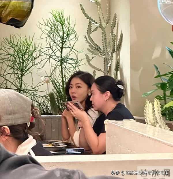 邓家佳和家人在重庆餐馆吃烤鱼,虽然她42岁了,但外表很显年轻