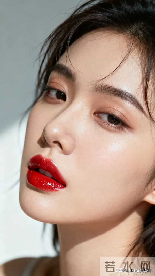 碎发+侧头慵懒感,红唇才是点睛之笔