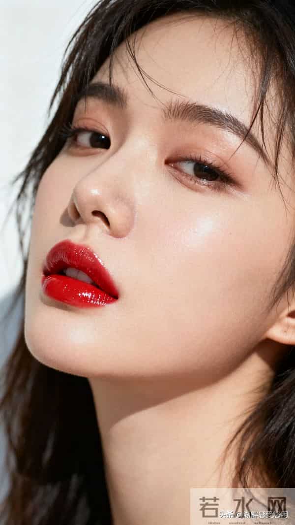 碎发+侧头慵懒感,红唇才是点睛之笔