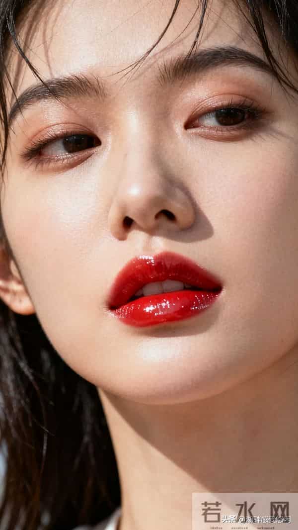 碎发+侧头慵懒感,红唇才是点睛之笔