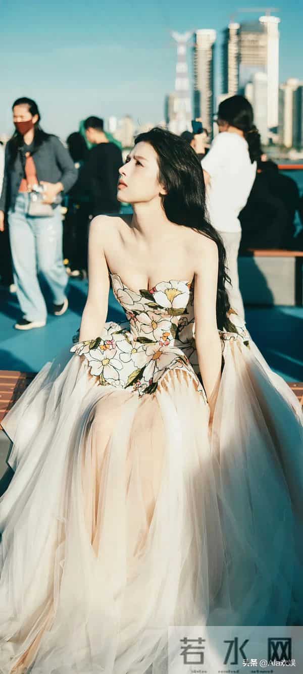 鹤南一袭低胸露背礼服丰姿卓越