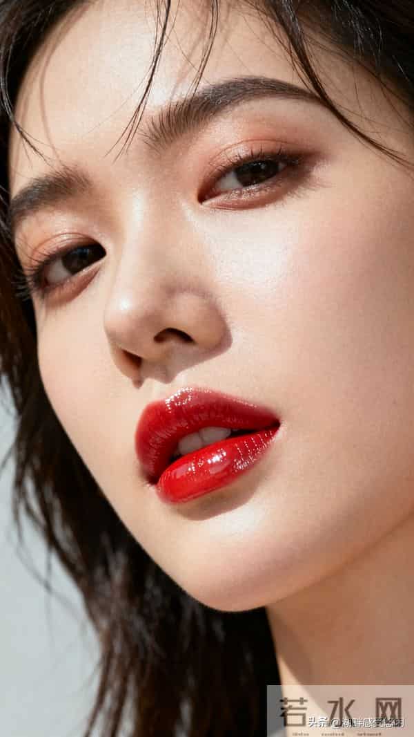 碎发+侧头慵懒感,红唇才是点睛之笔
