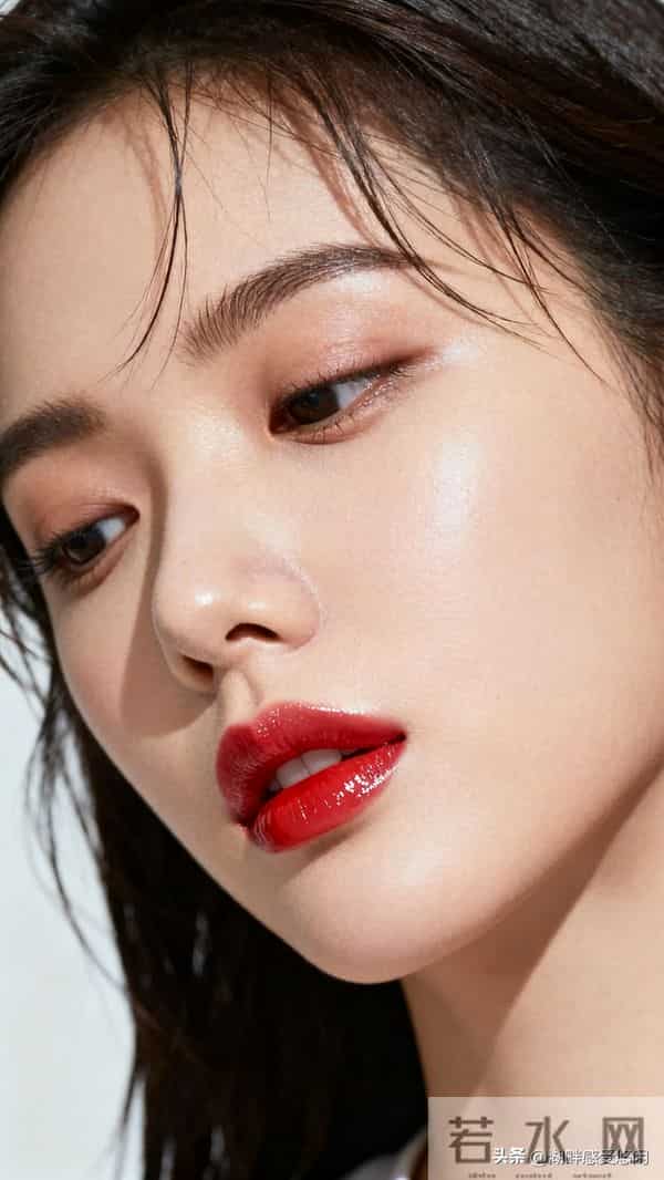 碎发+侧头慵懒感,红唇才是点睛之笔