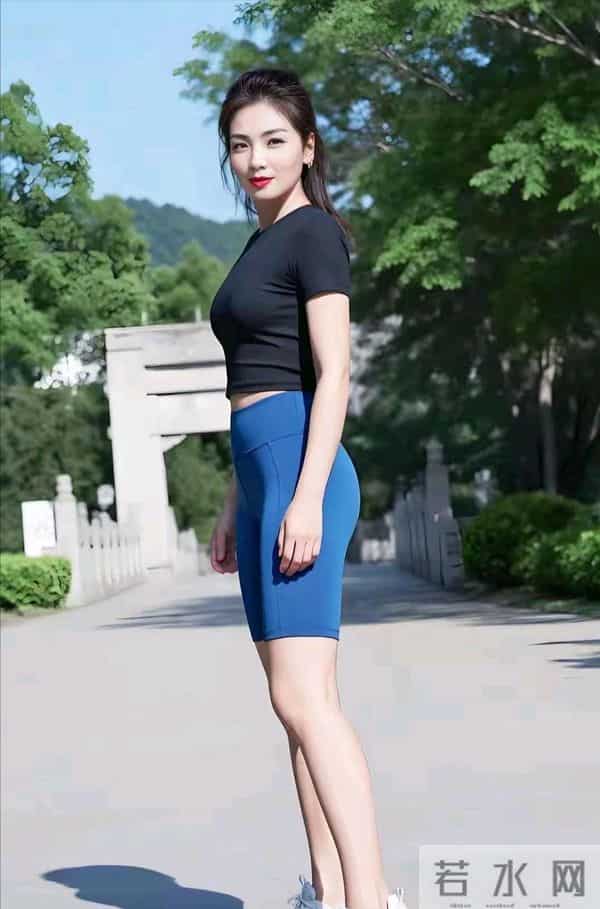 演员刘涛穿紧身运动装在公园小路,笑容超灿烂