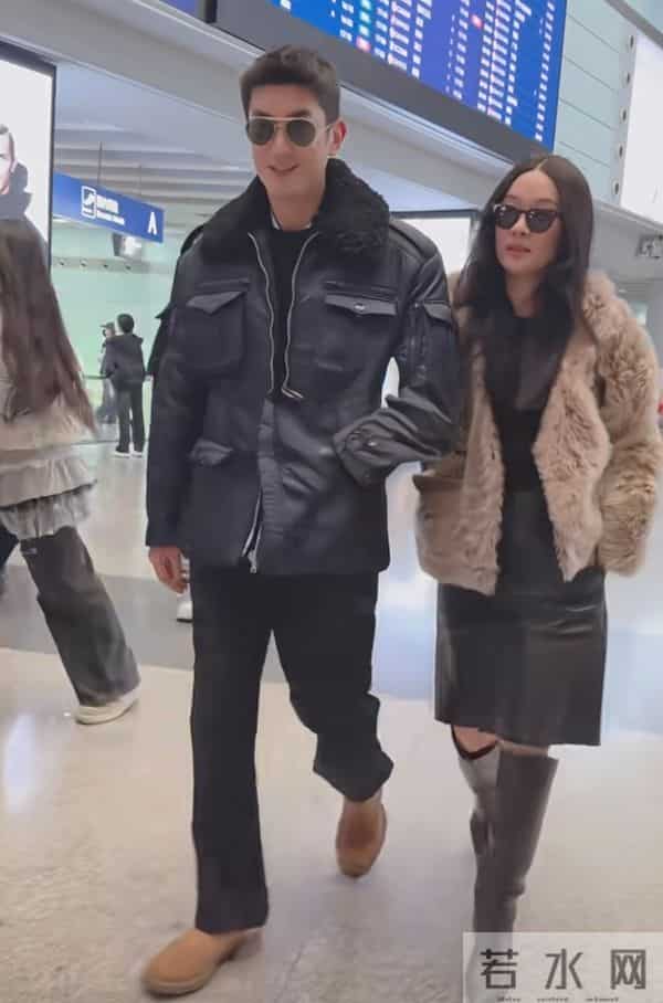 霍思燕皮草配皮靴机场挽着杜江,两人像走秀,气场全开!