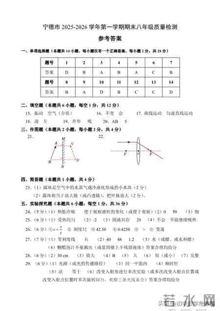 2025-2026年第一学期宁德市八年级物理期末试卷+答案+评价
