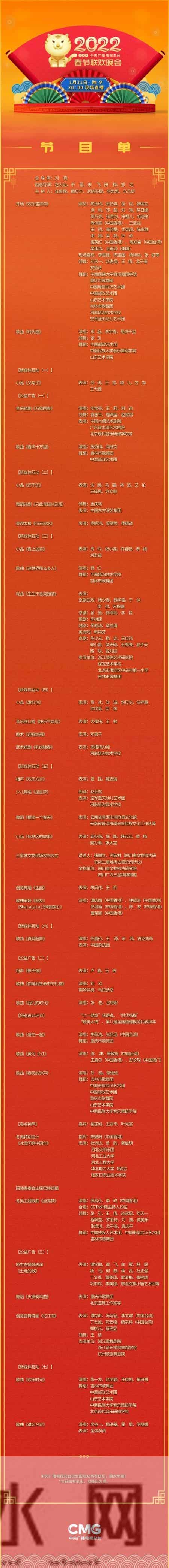 《2022年春节联欢晚会》节目单揭晓