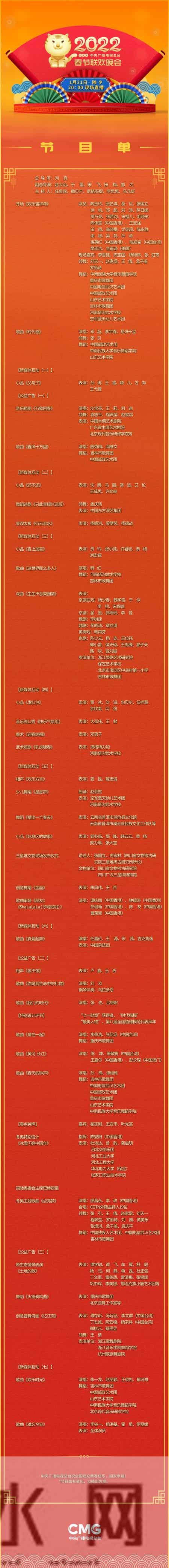 2022春晚节目名单,2022春晚演员表