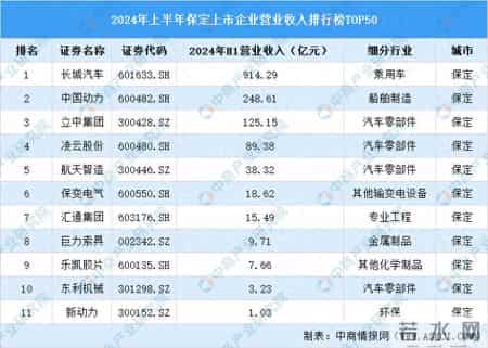 保定上市公司,2024年上半年保定市上市企业营业收入排行榜